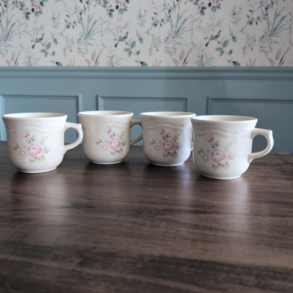 Pfaltzgraff Tea Rose Pattern Stoneware 8 Oz Coffee Tea Cups/Mugs Set of 4